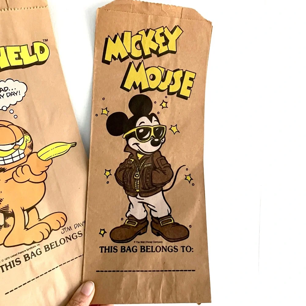 Vintage 70’s Garfield & Mickey Mouse paper bags lunch sacks gift bags set of 12